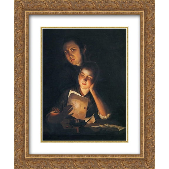 Joseph Wright 2x Matted 20x24 Gold Ornate Framed Art Print 'A Girl reading a letter by Candlelight, with a Young Man peering over her shoulder'