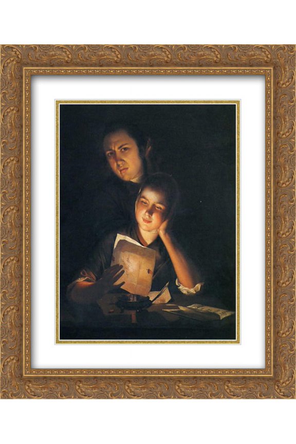 Joseph Wright 2x Matted 20x24 Gold Ornate Framed Art Print 'A Girl reading a letter by Candlelight, with a Young Man peering over her shoulder'