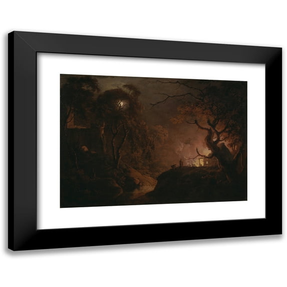 Joseph Wright of Derby 18x14 Black Modern Framed Museum Art Print Titled - Cottage on Fire at Night