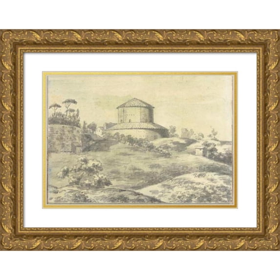 Joseph Wright of Derby 24x18 Gold Ornate Framed and Double Matted Museum Art Print Titled - Landscape with Granary (1774-75)