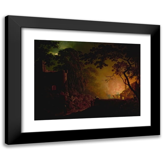 Joseph Wright of Derby 24x19 Black Modern Framed Museum Art Print Titled - A Cottage on Fire at Night