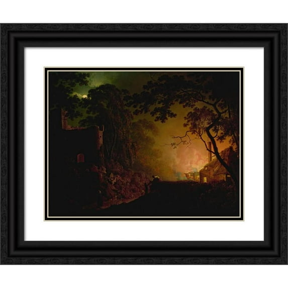 Joseph Wright of Derby 24x19 Black Ornate Framed Double Matted Museum Art Print Titled: A Cottage on Fire at Night