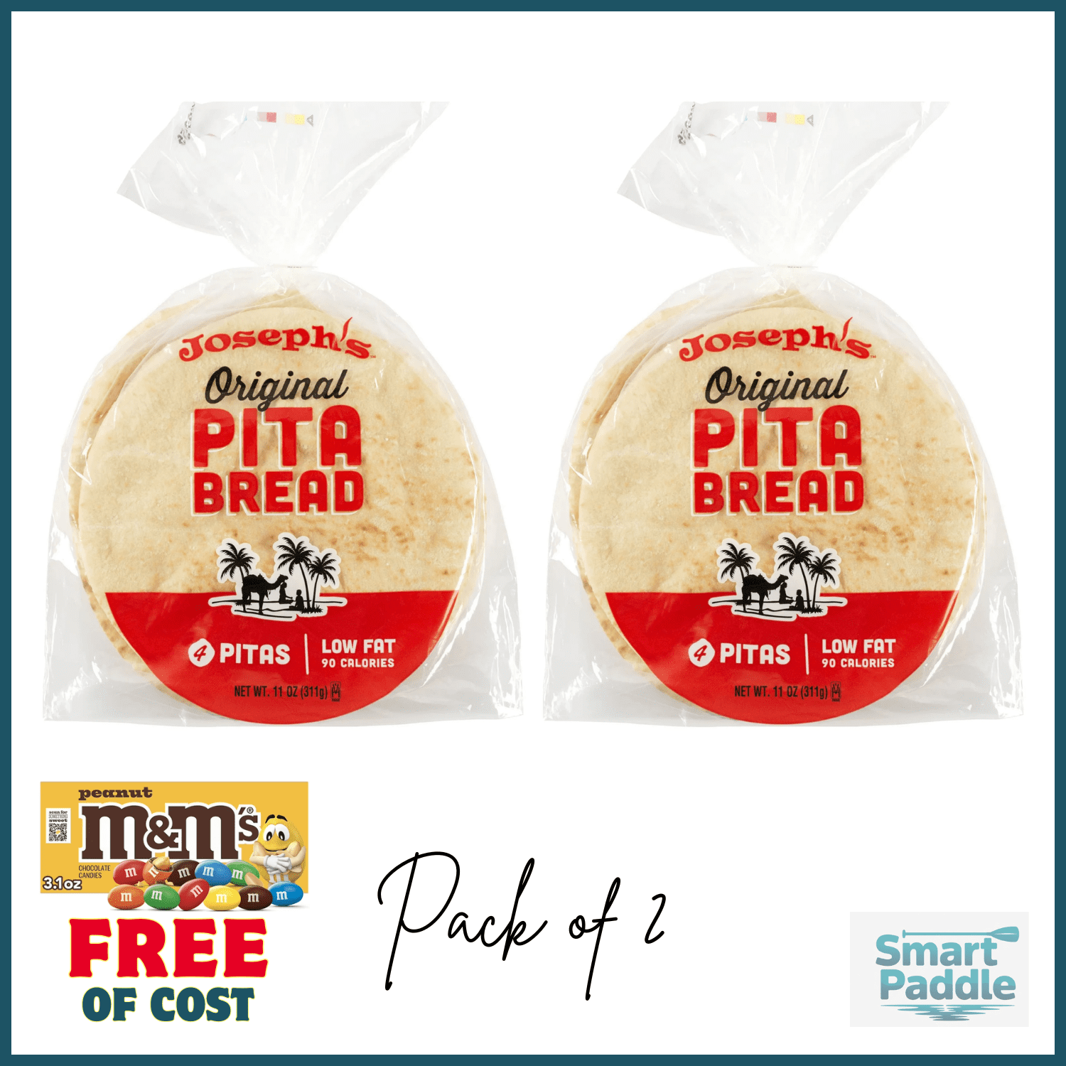 Josephs Original White Pita Bread 4 Count, 11oz Pack of 2 and get 1 Free M&M's