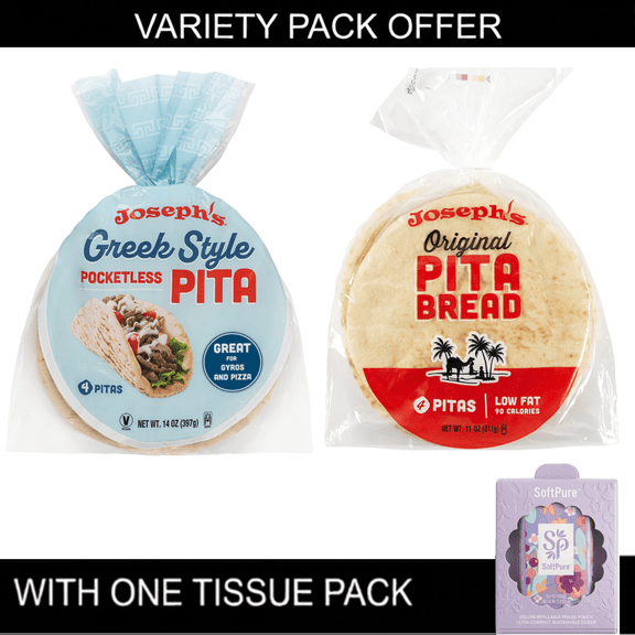 Joseph's Original and Greek Style Pocketless Pita Bread, Low Fat, Vegan, 8 Count, 25 Oz with Tissue Pack