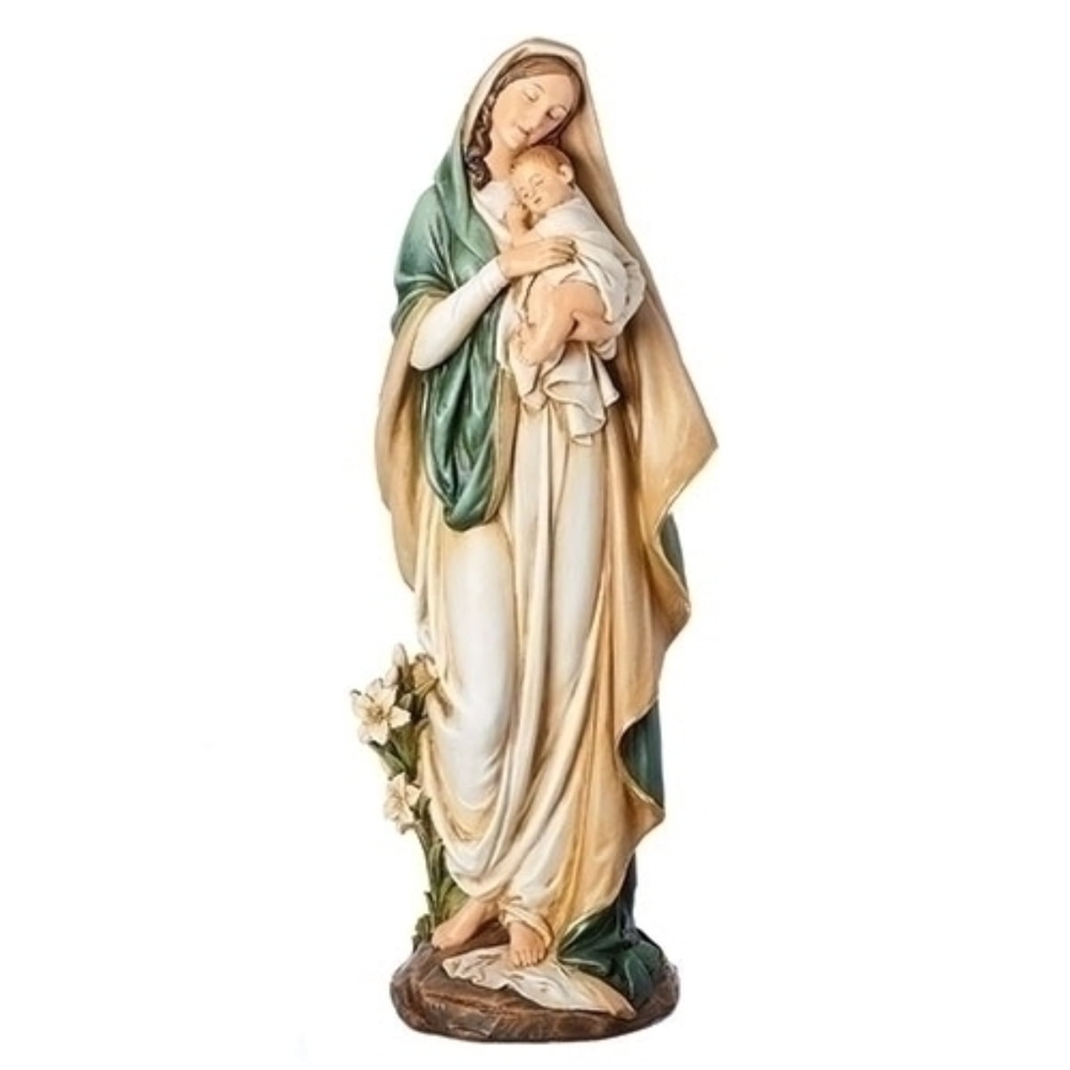 16.25 Inch Resin Madonna and Child Figurine with Lilies