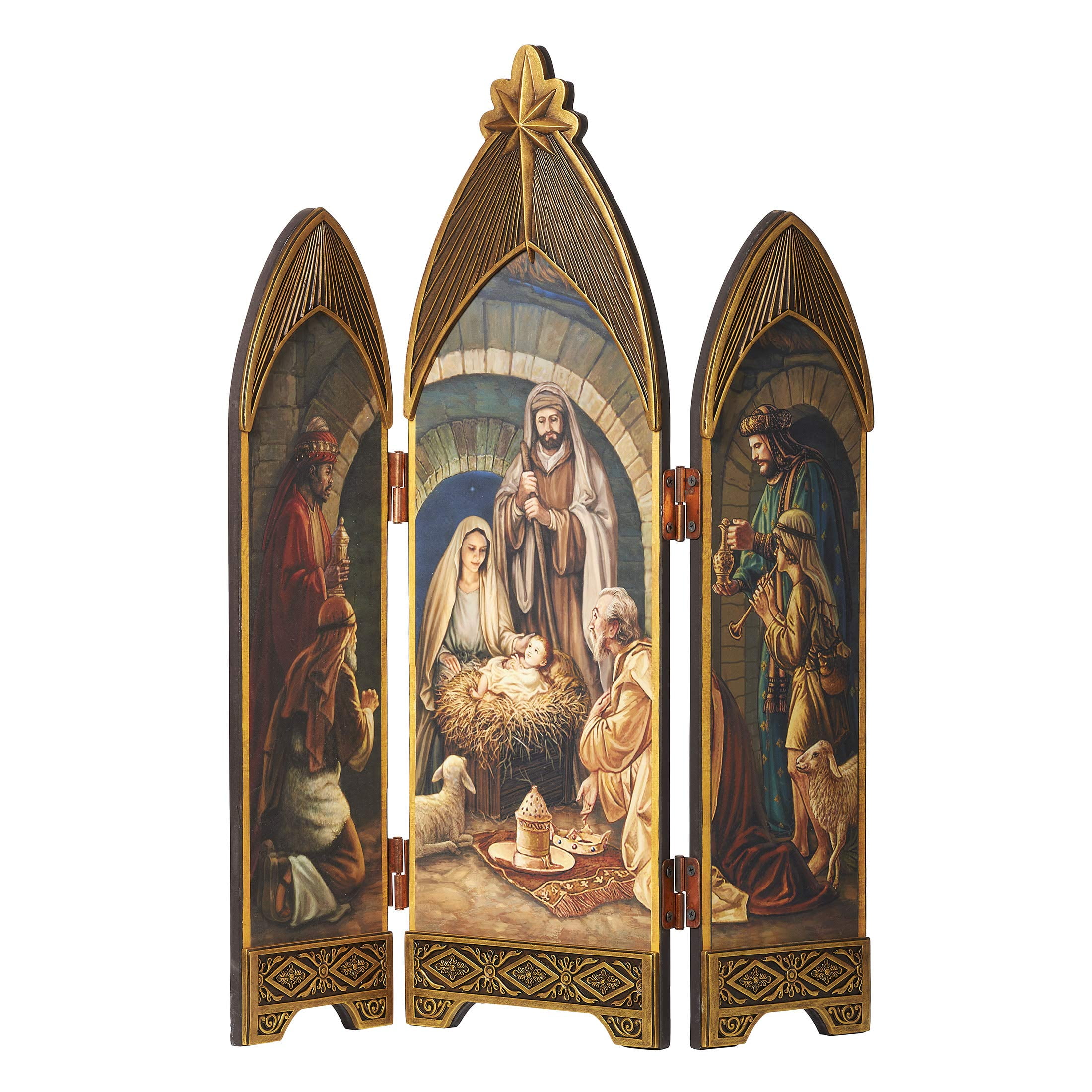 Gold Trim Faux Oil Paint Nativity Triptych Screen, 28" MDF
