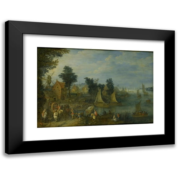 Joseph van Bredael 24x18 Black Modern Framed Museum Art Print Titled - Village on the Bank of a River (1723)