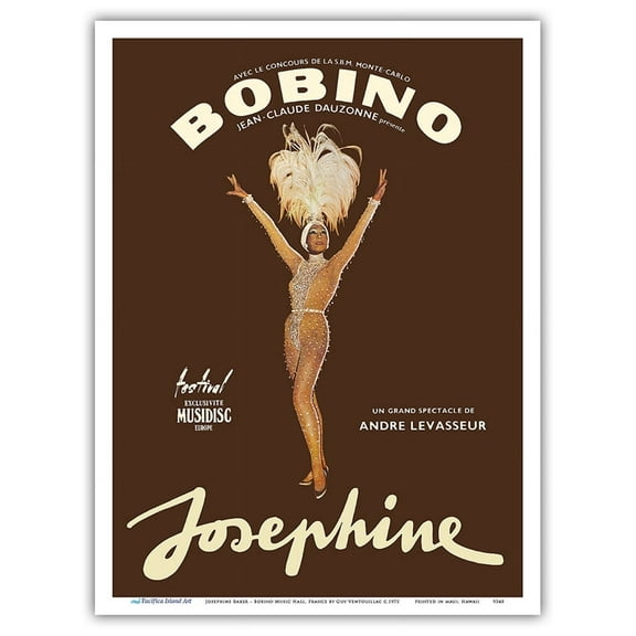 Josephine Baker - African American Entertainer - Bobino Music Hall France - Vintage Theater Poster by Guy Ventouillac c.1975 - Master Art Print (Unframed) 9in x 12in