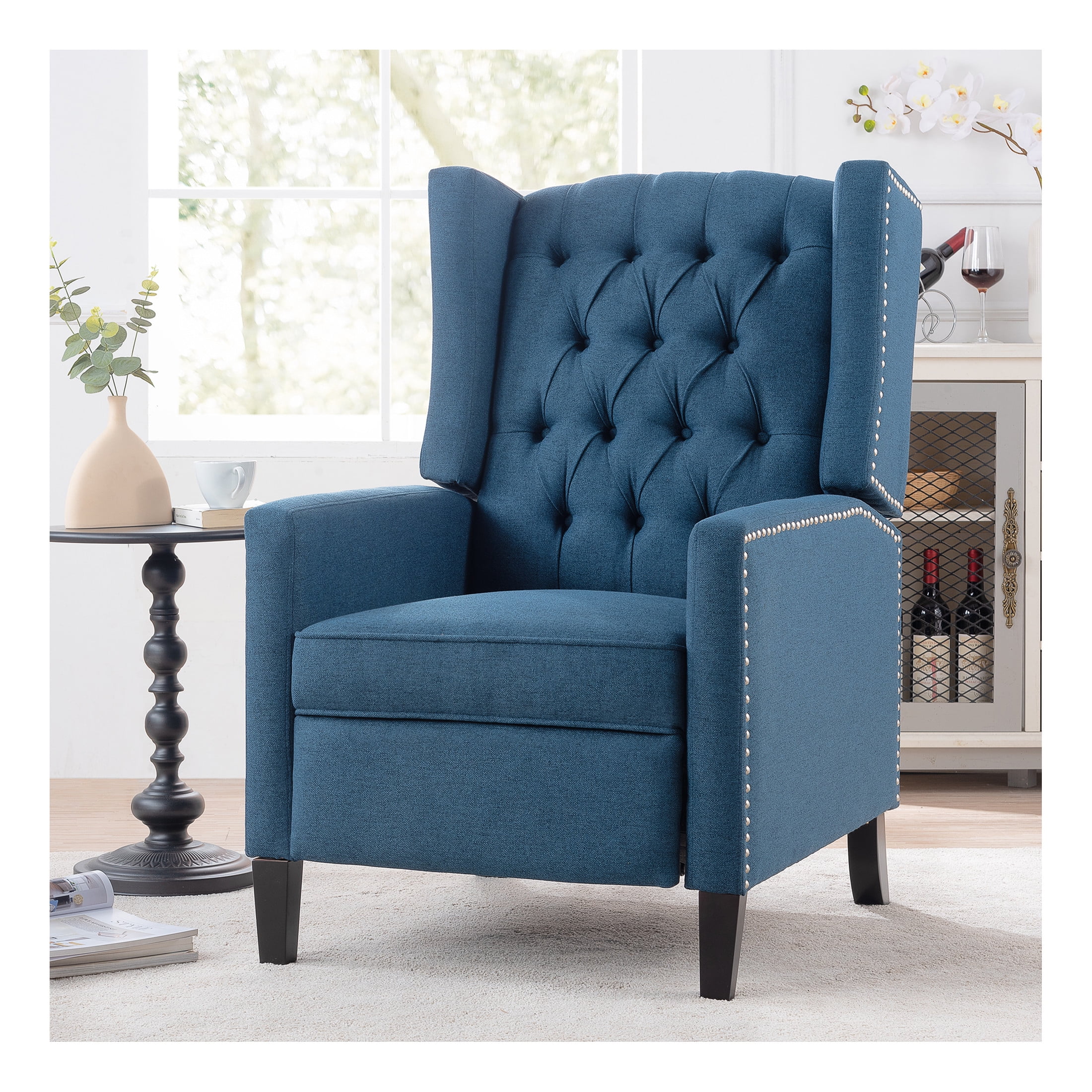 Josephine High-Back Fabric Upholstered Accent Chair with Button Tufting and Silver Trim, Solid Wood Leg, Blue