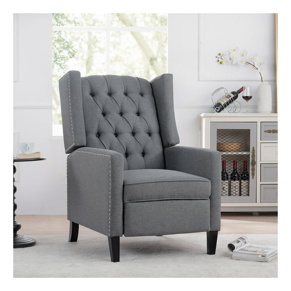 Josephine High-Back Fabric Upholstered Accent Chair with Button Tufting and Silver Trim, Solid Wood Leg, Light Grey