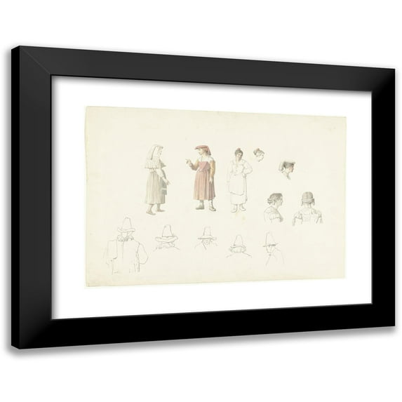 Josephus Augustus Knip 18x14 Black Modern Framed Museum Art Print Titled - Study Sheet with Italian Farmers and Peasant Women (1787 - 1847)