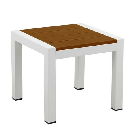 Josh 18 Inch Side End Table, Rich Brown Polyresin Planks, Aluminum Frame- Saltoro Sherpi