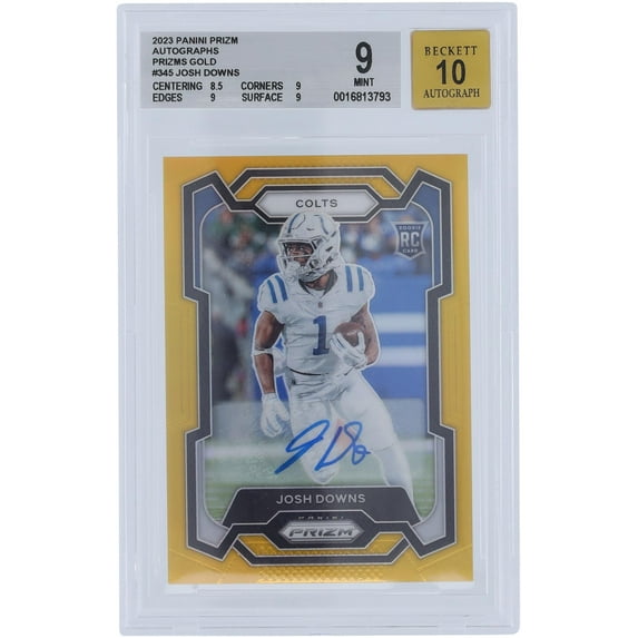 Josh Downs Indianapolis Colts Autographed 2023 Panini Prizm Gold Prizm #345 #7/10 BGS Authenticated 9/10 Rookie Card - 8.5,9,9,9 Subgrades - Fanatics Authentic Certified