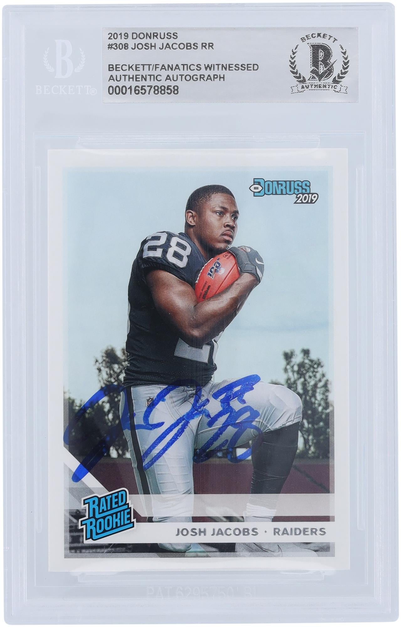 Josh Jacobs Oakland Raiders Autographed 2019 Panini Donruss Rated Rookie #308 Beckett Fanatics Witnessed Authenticated Rookie Card - Fanatics Authentic Certified