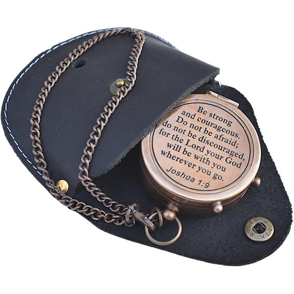Joshua 1:9 "Be Strong and Courageous" Engraved Brass Compass with Leather Case – Religious Gift for Graduation, Baptism, Confirmation & Missionary Keepsake