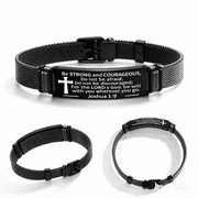 Joshua 19 Be Strong and Courageous Black Mesh Christian Bracelet, Adjustable Stainless Steel Scripture Wristband