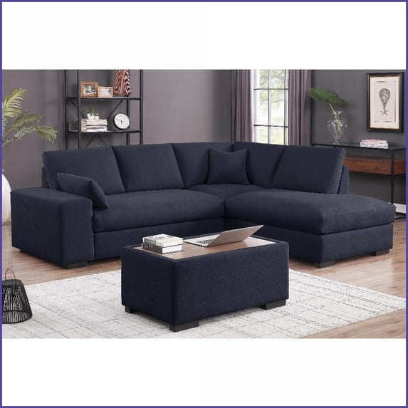 Joshua 100"W Modern Sectional Sofa with Right-Facing Chaise & Console Ottoman | Dark Gray | Fabric | Square Arms