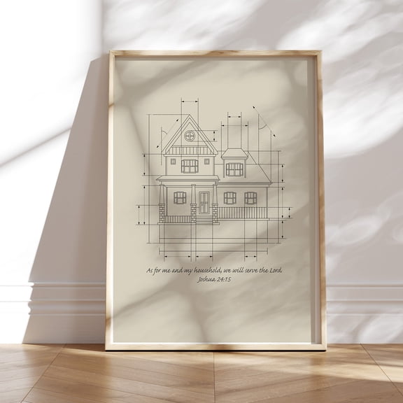 Joshua 24:15 Scripture House Blueprint Art - Christian Home Decor Unframed Paper Print