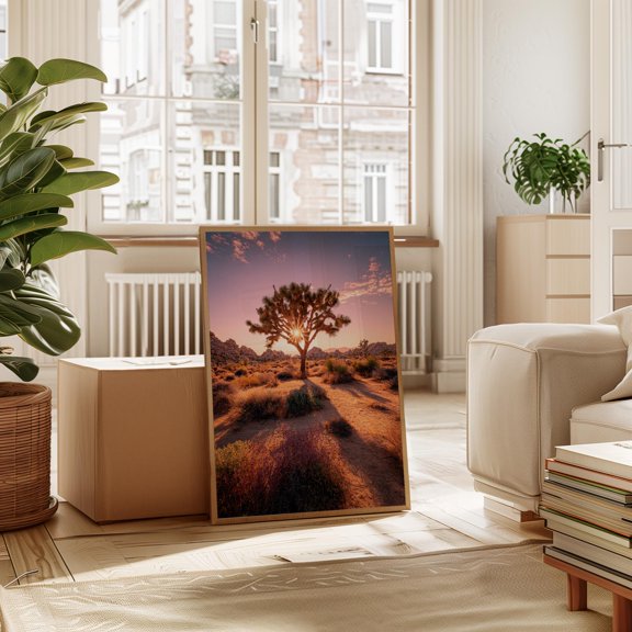 Joshua Tree Sunset Wall Poster Art Desert Landscape With Sun Rays And Colorful Sky , Poster Print Only