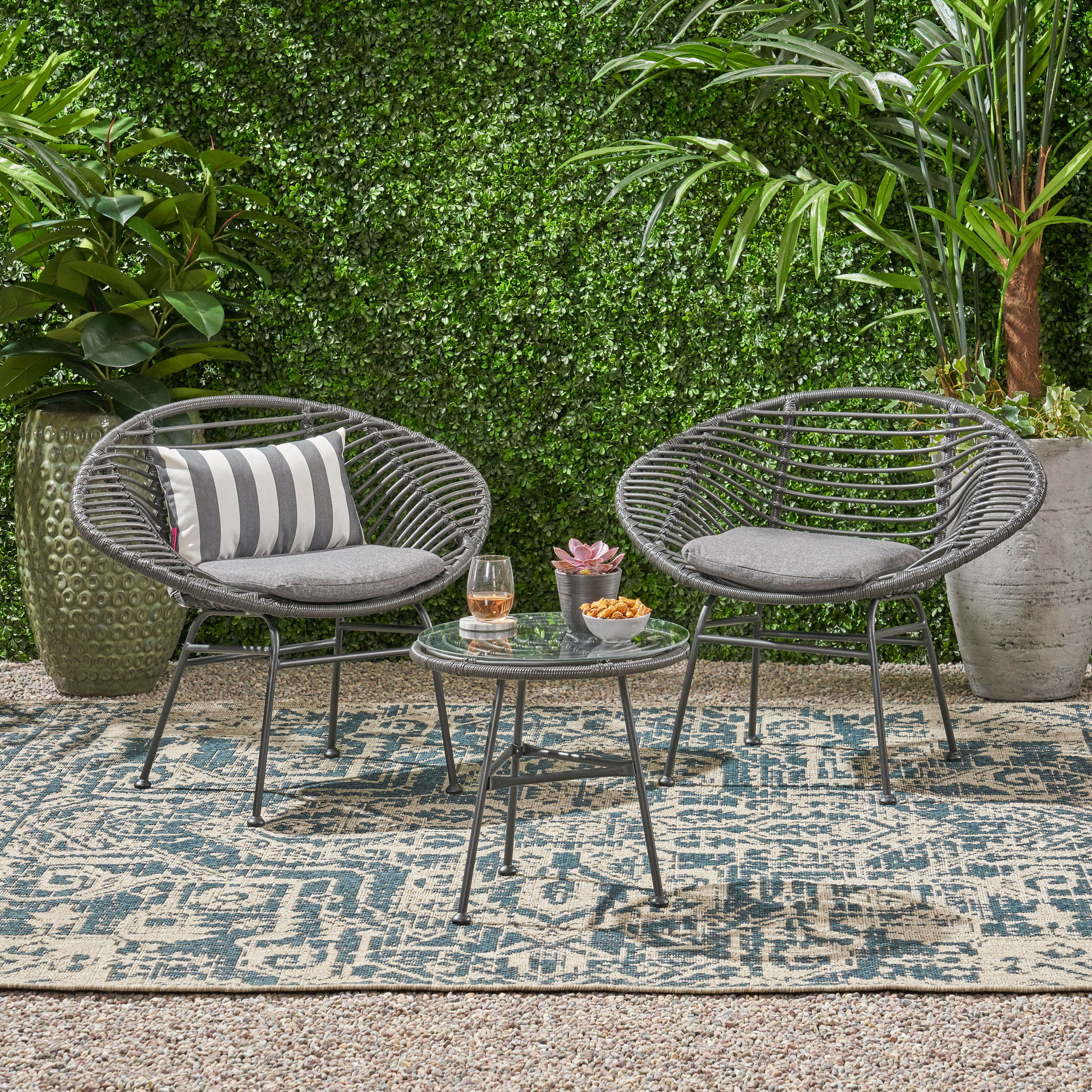 Josiah Outdoor Faux Wicker 2 Seater Chat Set with Tempered Glass Table, Gray and Dark Gray