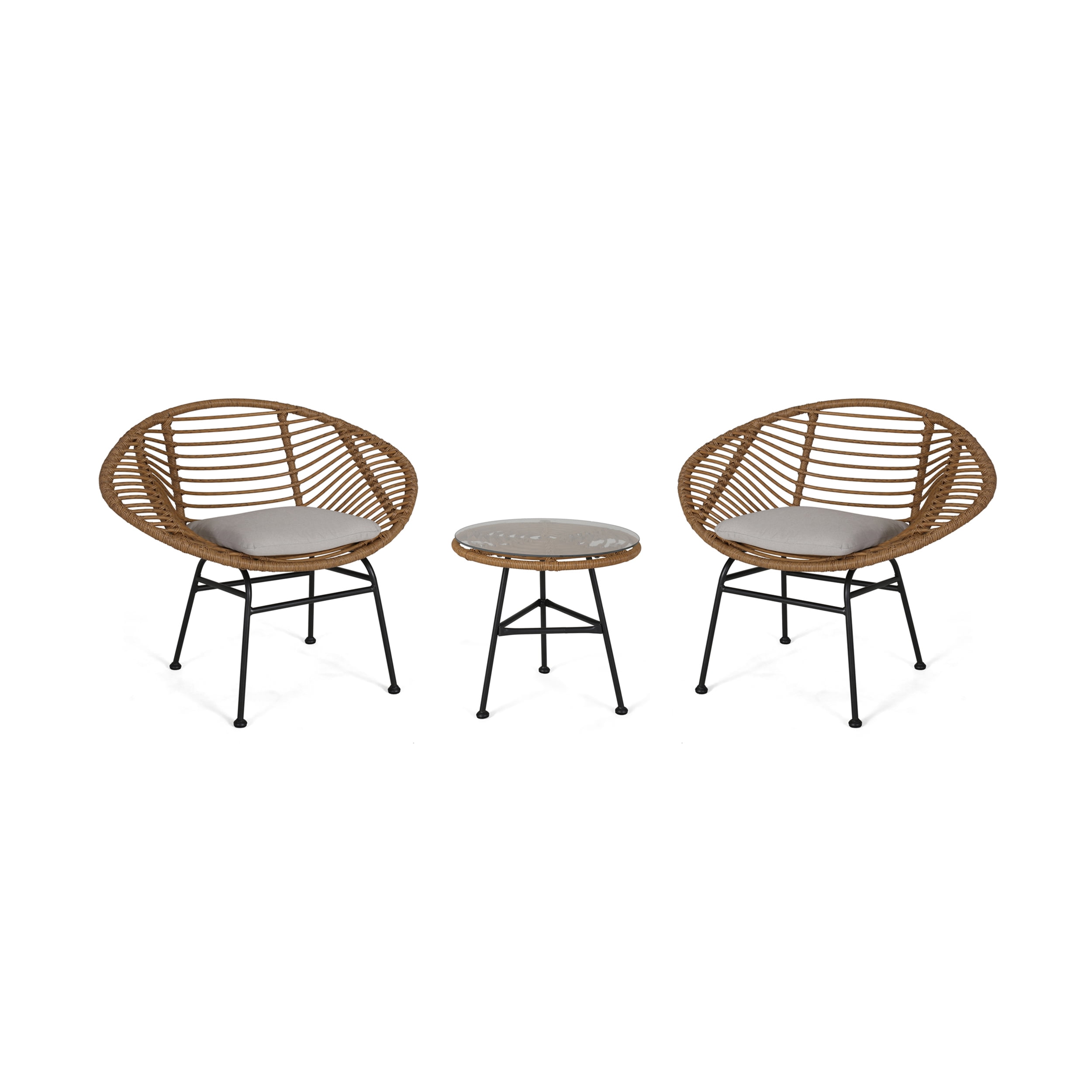 Light Brown and Beige Outdoor Faux Wicker Chat Set with Glass Table