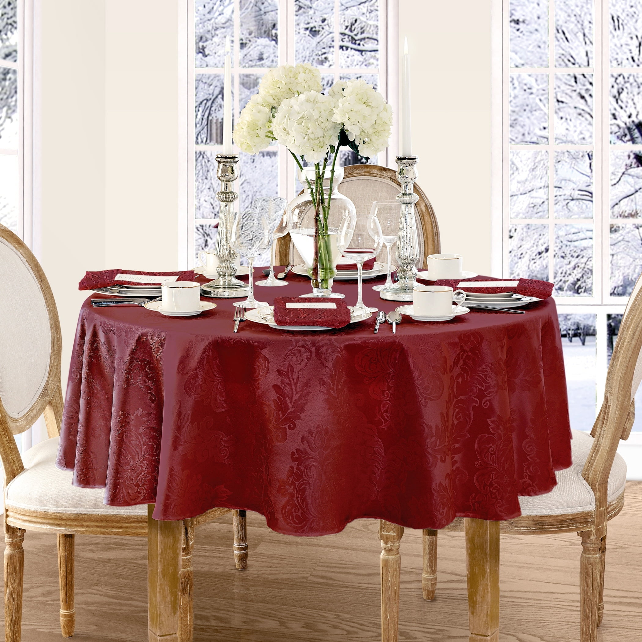Burgundy Jacquard Damask Round Polyester Tablecloth