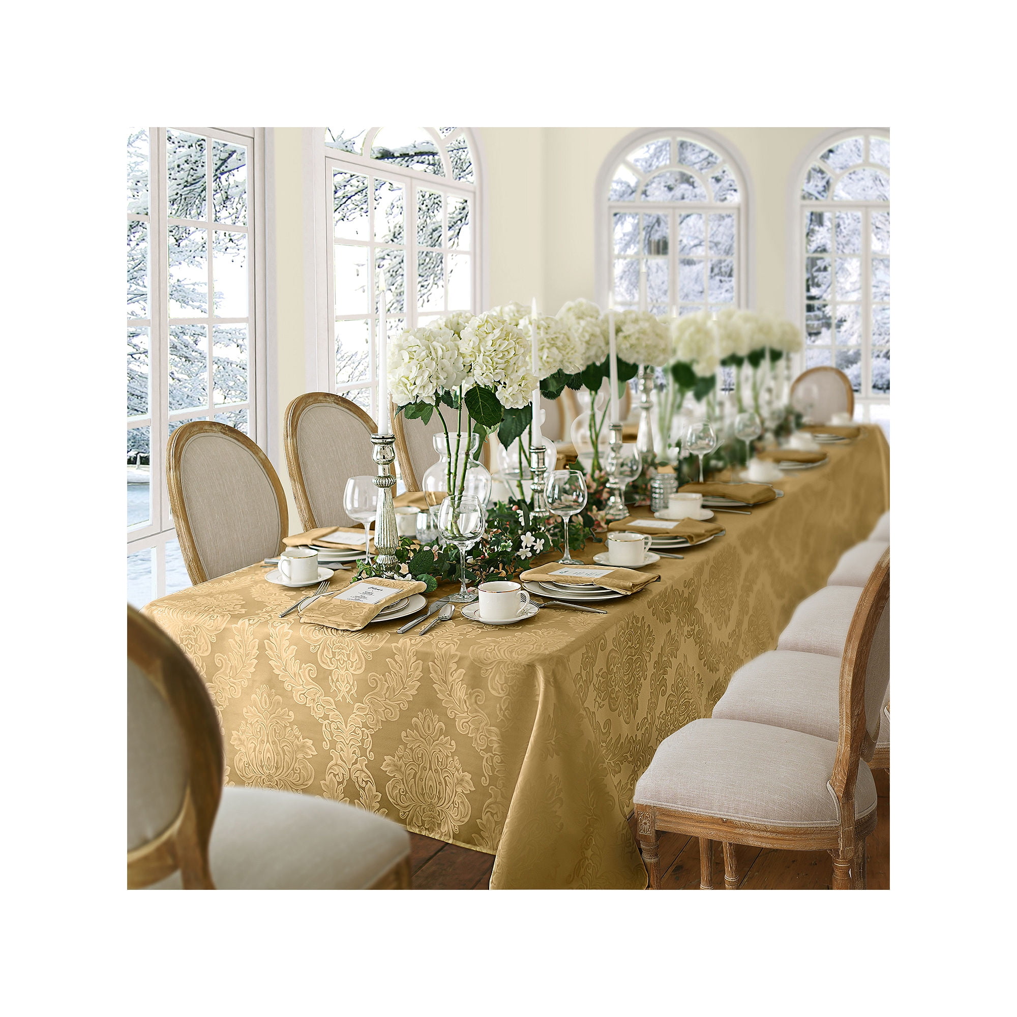 Gold Jacquard Damask Fabric Tablecloth, 60" x 144"