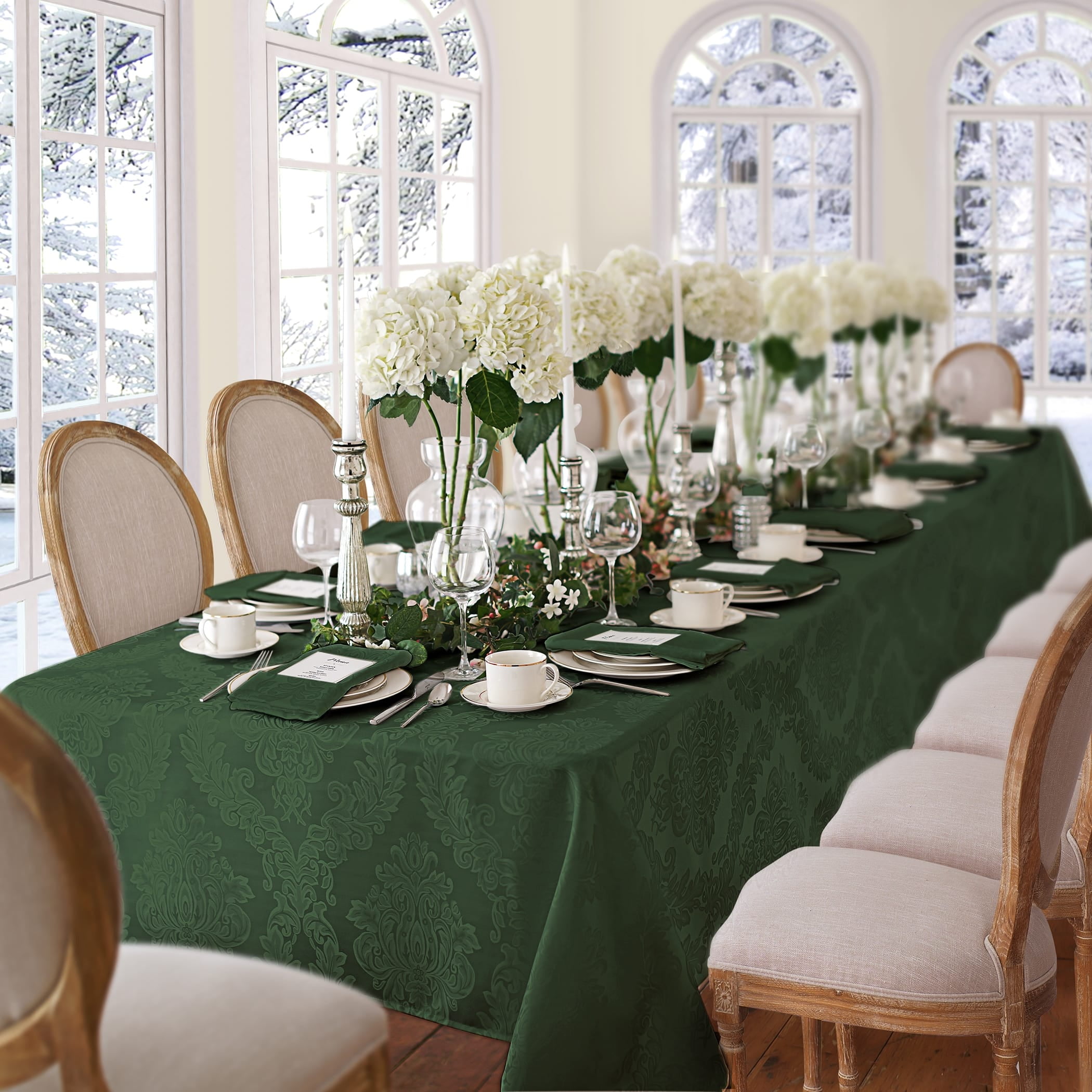 Hunter Green Damask Stain Resistant Rectangular Tablecloth