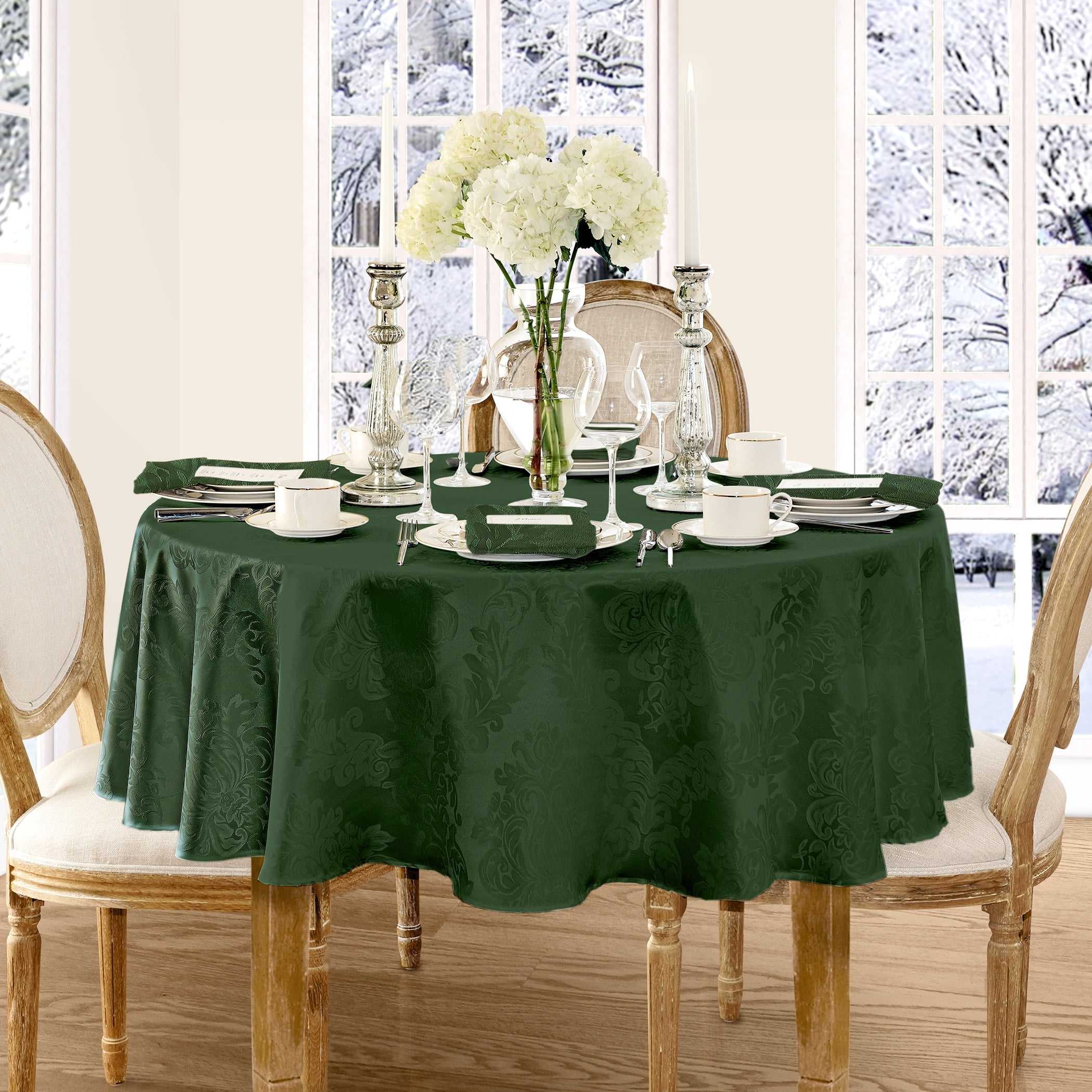 Hunter Green Round Polyester Damask Tablecloth
