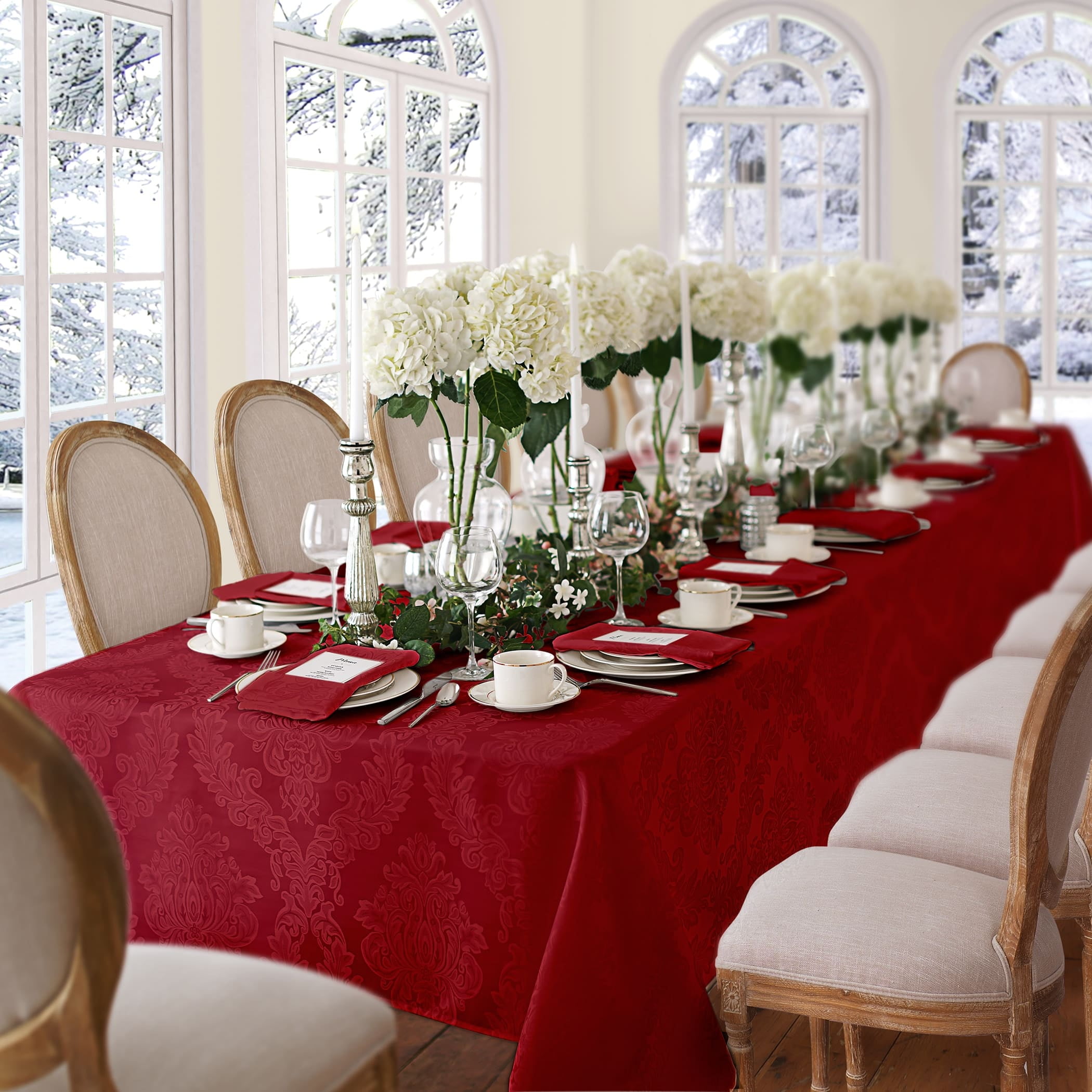 Barcelona Red Jacquard Damask Polyester Tablecloth, 52" x 70"
