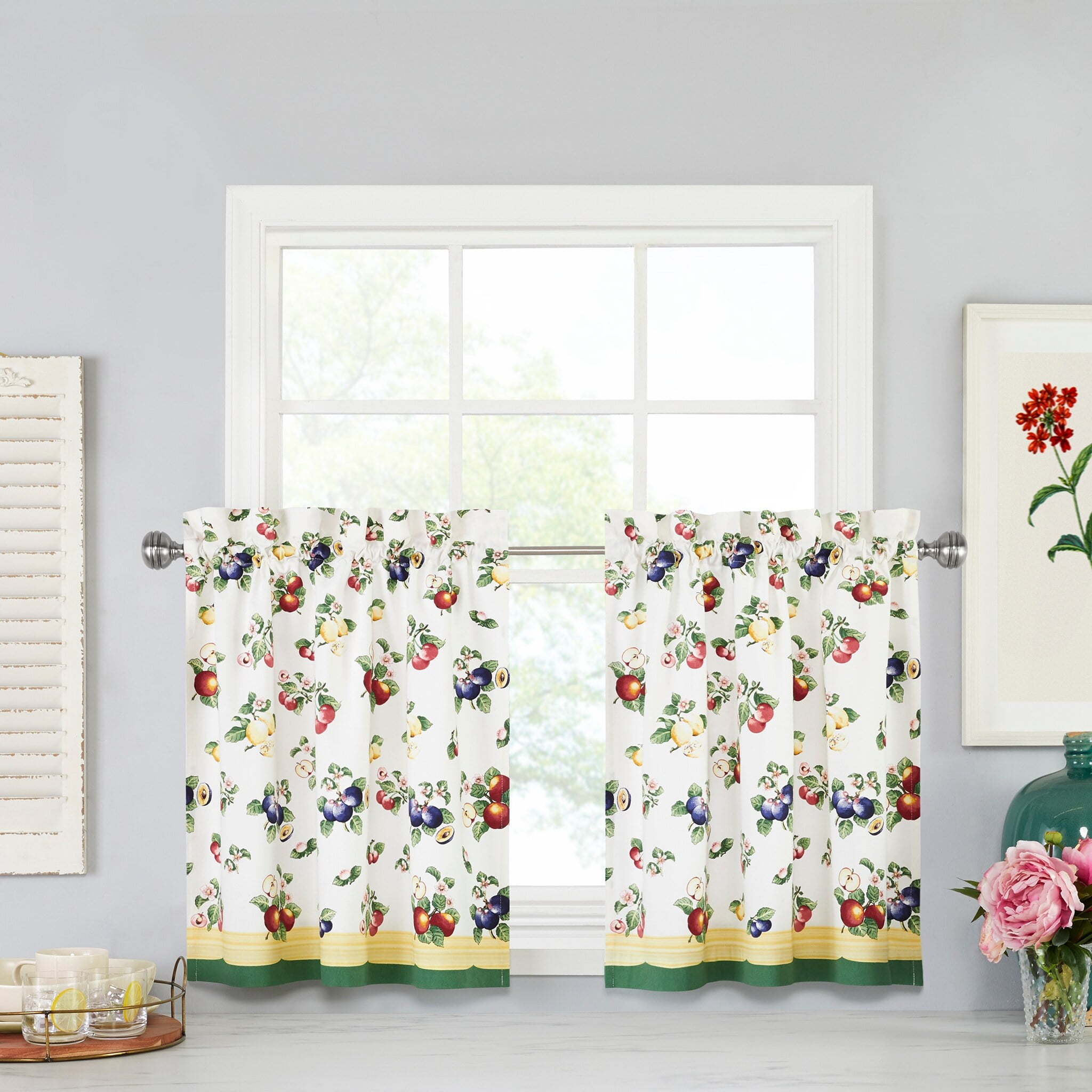 White Cotton Rod Pocket Light-Filtering Kitchen Tier Curtains, 30" x 36"
