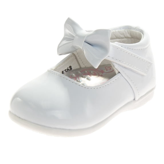 Josmo Baby Girls Mary Jane Flats with Bow Detail: Non, Slip Sole Wedding Flower Girls Shoes (Infants Toddler Sizes), White Patent, 6