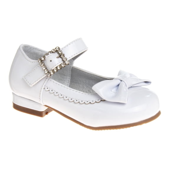 Mary Jane Dress Shoe Pumps for Girls Low Heel Hook Loop Buckle, White Patent (Size 12 Little Kid)