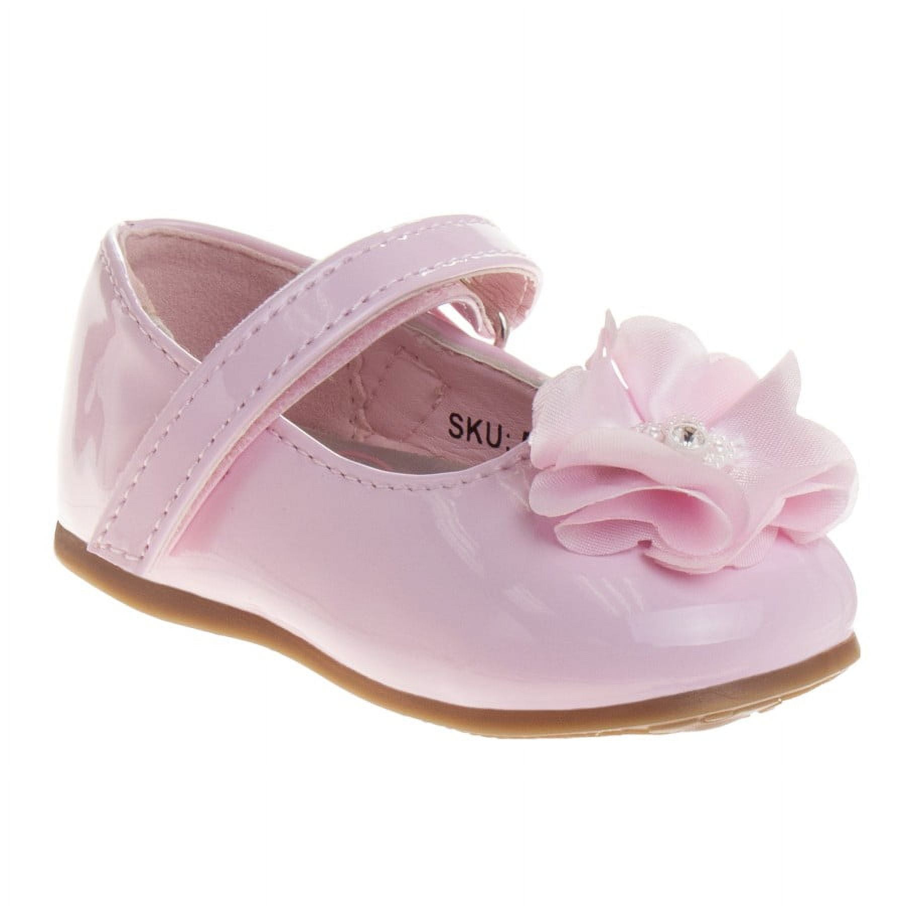 Josmo Infant Girls Hook Loop Faux Leather Flat Heel Dress Shoes with Flower Ornament Pink Patent Size 4 Walmart