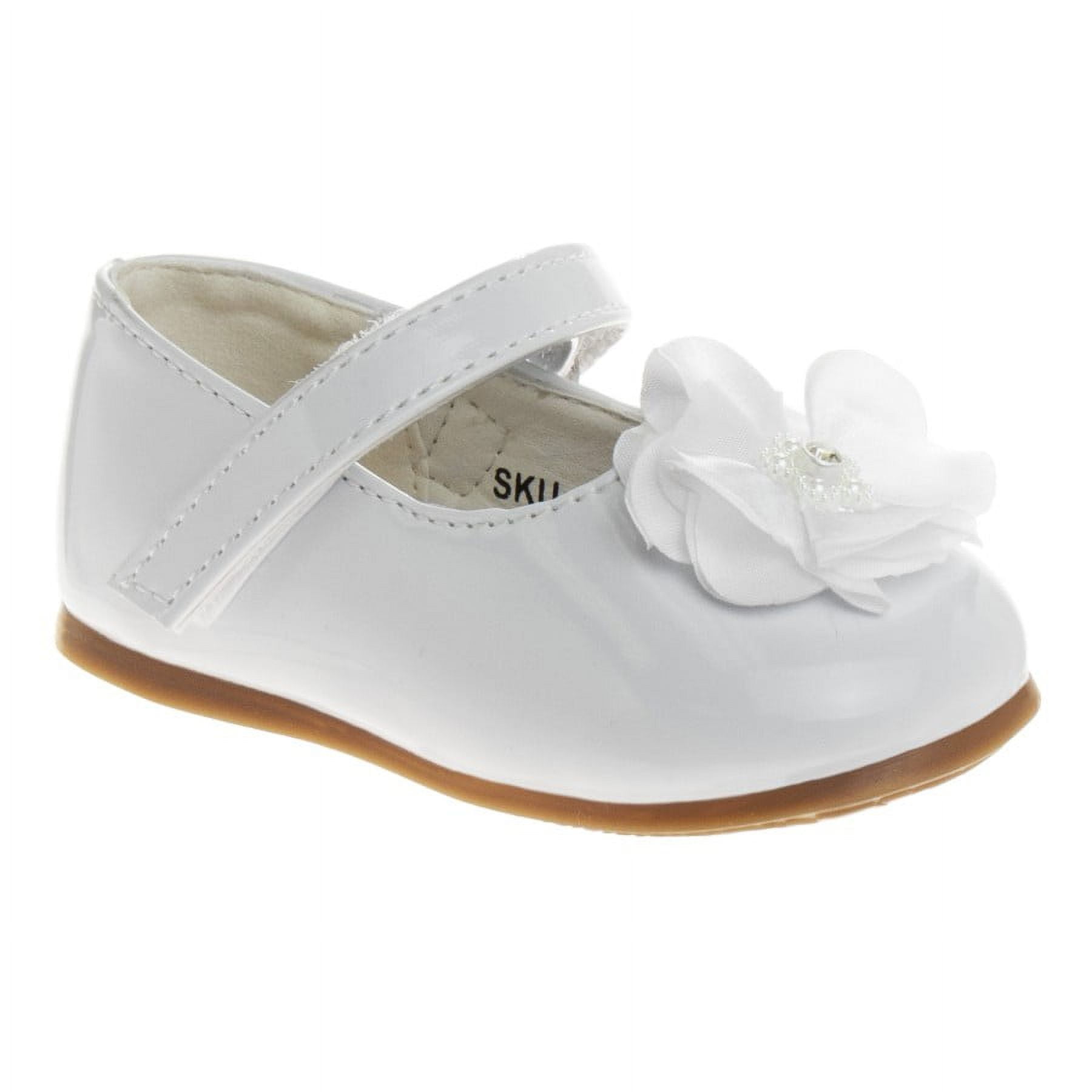 Josmo Infant Girls Hook Loop Faux Leather Flat Heel Dress Shoes with Flower Ornament White Patent Size 5 Walmart