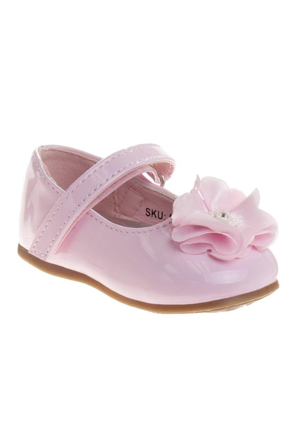 Infant Girls Hook and Loop Faux Leather Flat Heel Dress Shoes with Flower Ornament, Pink Patent, Size: 4