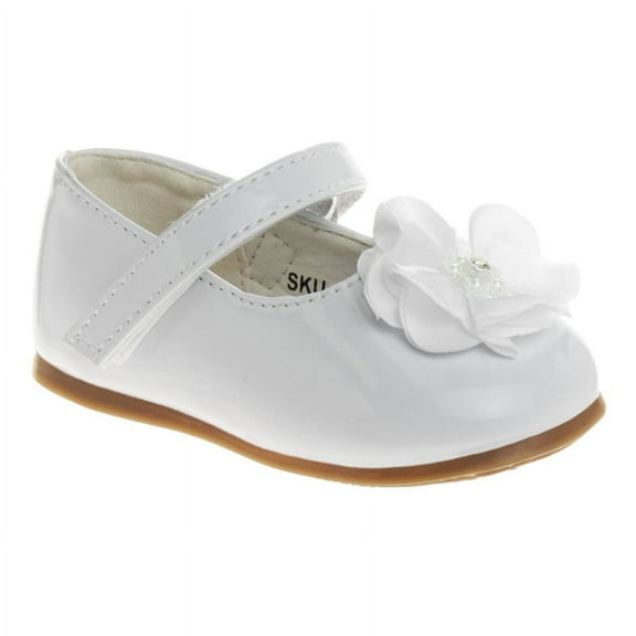 Josmo Infant Girls Hook and Loop Faux Leather Flat Heel Dress Shoes with Flower Ornament, White Patent, Size: 4