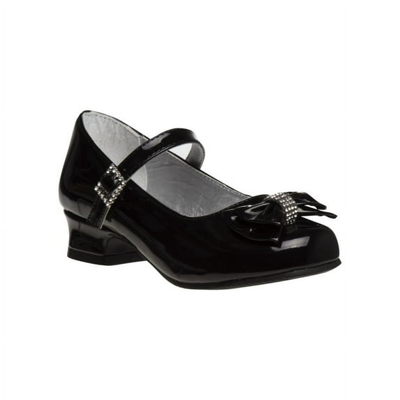 Josmo Little Kids Girl Faux Leather Low Heel Buckle Dress Shoes with Ribbon And Rhinestones, Black Patent, Size: 1