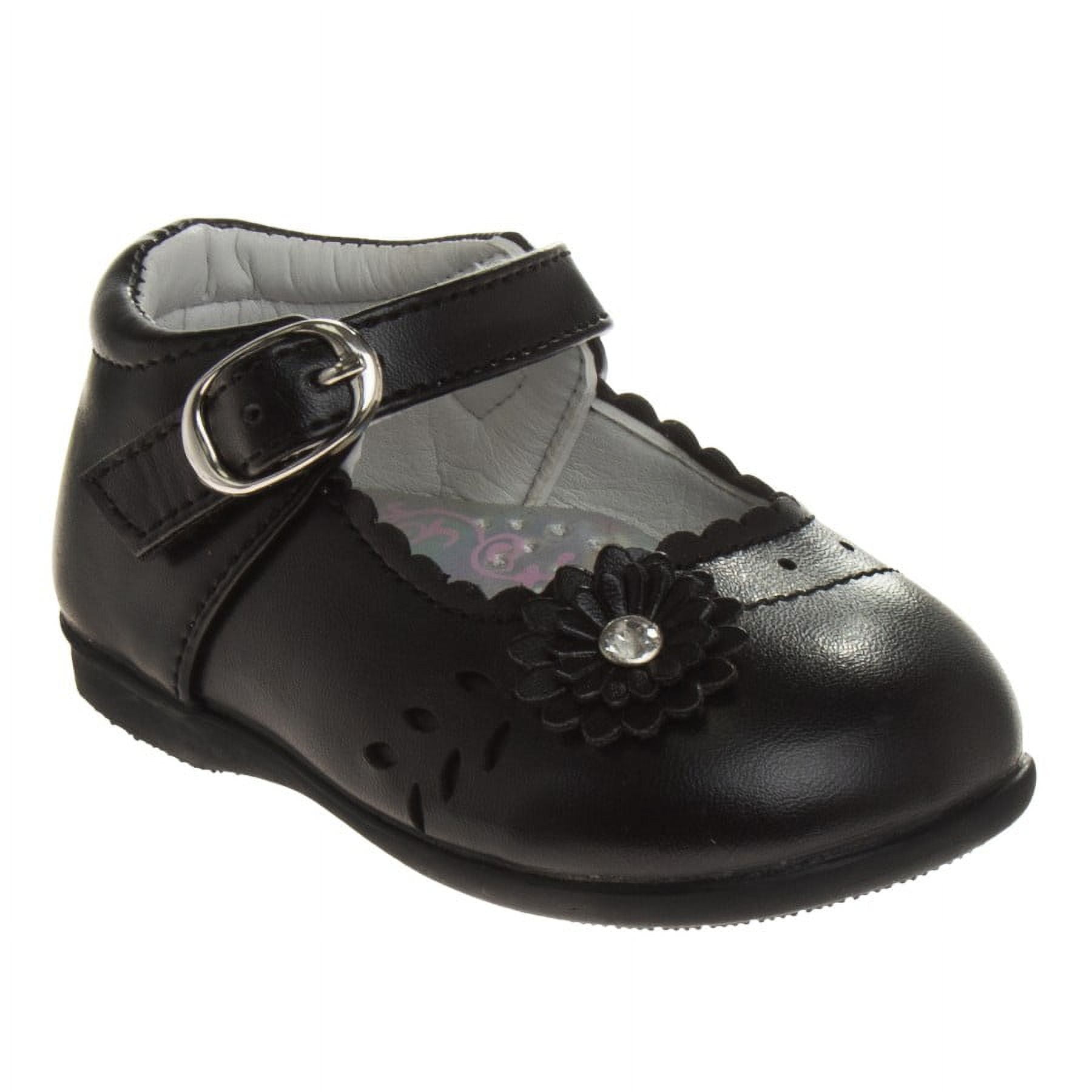 Josmo Toddler Girls Buckle Faux Leather Flat Heel Dress Shoes with Flower Detail - Black, 6