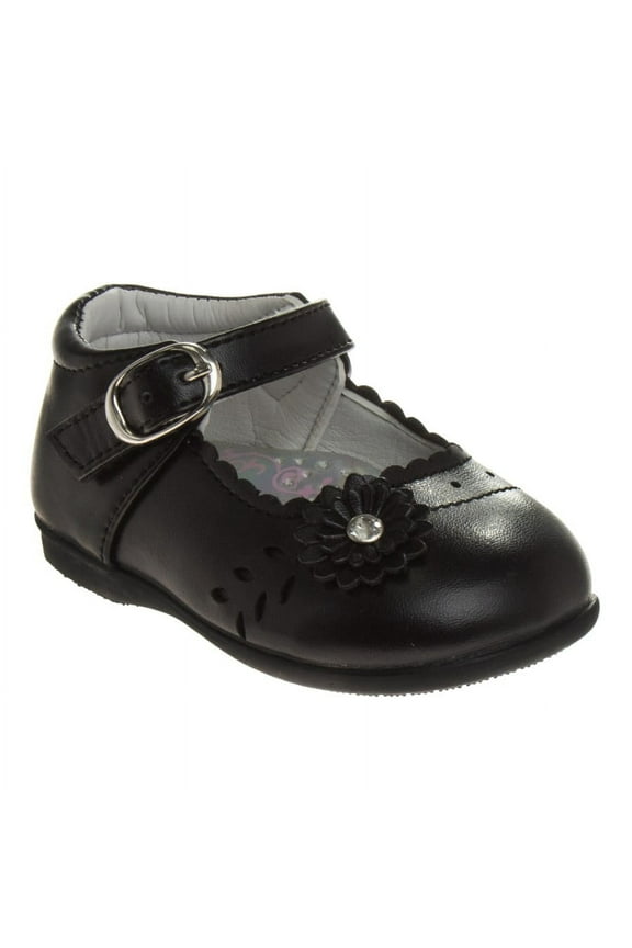 Toddler Girls Buckle Faux Leather Flat Heel Dress Shoes with Flower Detail - Black, 6