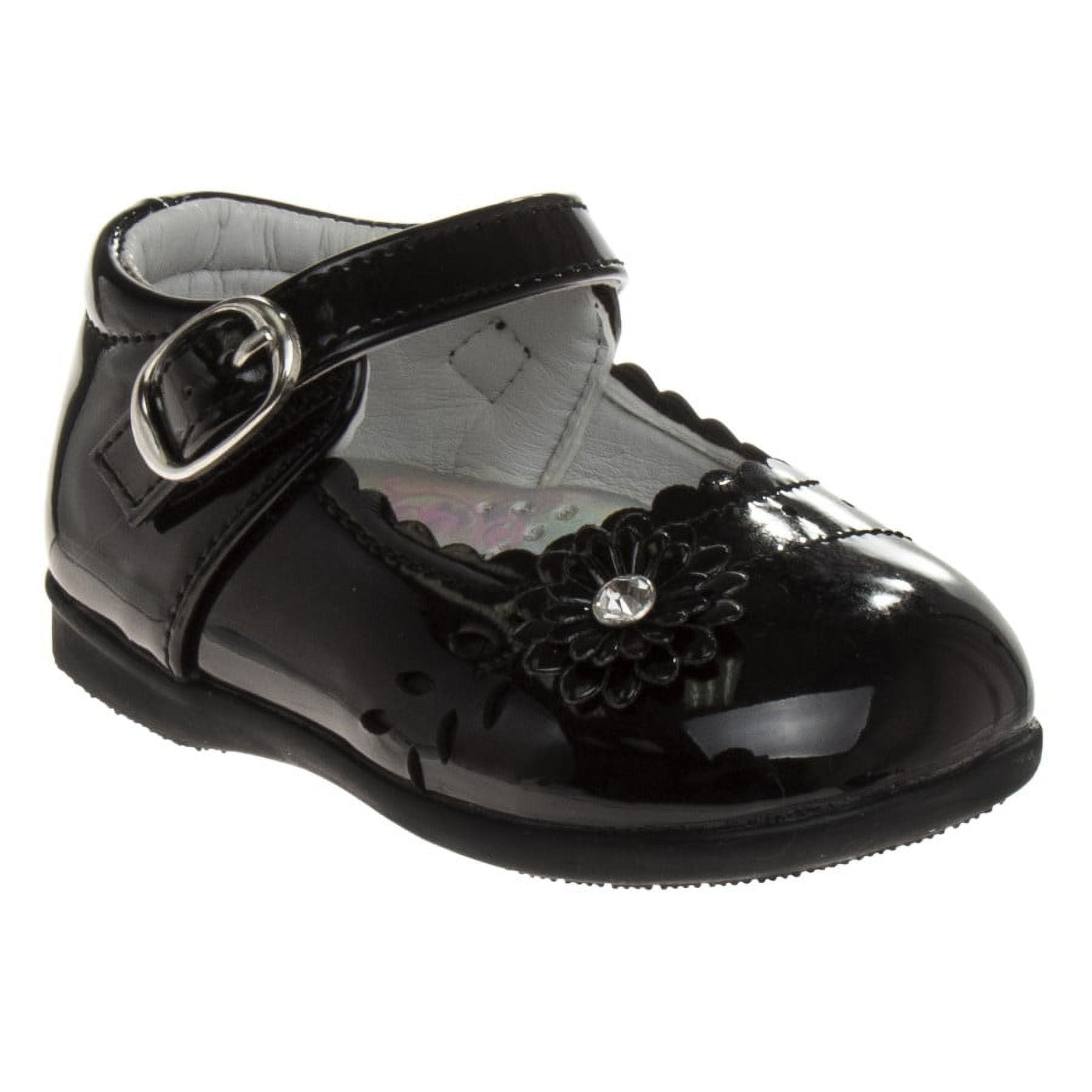 Josmo Toddler Girls Buckle Faux Leather Flat Heel Dress Shoes with Flower Detail - Black Patent, 8