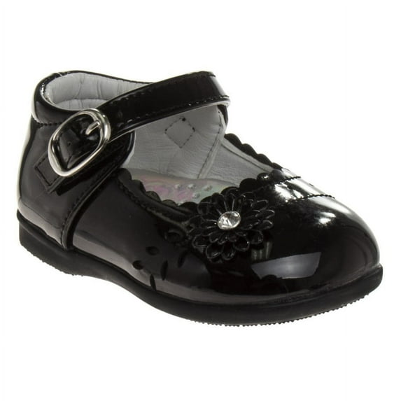 Josmo Toddler Girls Buckle Faux Leather Flat Heel Dress Shoes with Flower Detail - Black Patent, 8