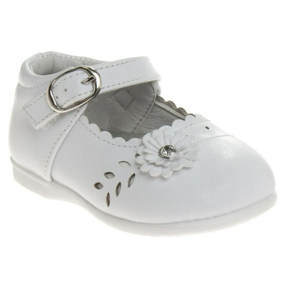 Josmo Toddler Girls Buckle Faux Leather Flat Heel Dress Shoes with Flower Detail - White, 7