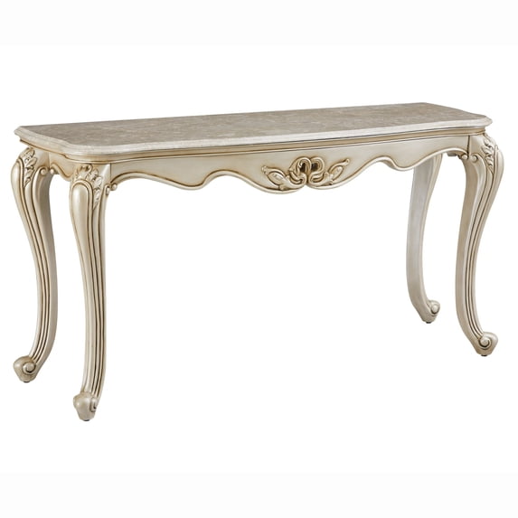Joss 58 Inch Console Table, Genuine Marble Top, Antique White, Champagne