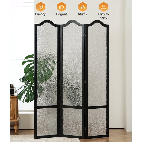 Jostyle 3 Panel Acrylic Room Divider Privacy Screen Translucent Folding Partition with Paulownia Wood Frame Black, Shatterproof & Space-Saving for Living Room, Bedroom, Office