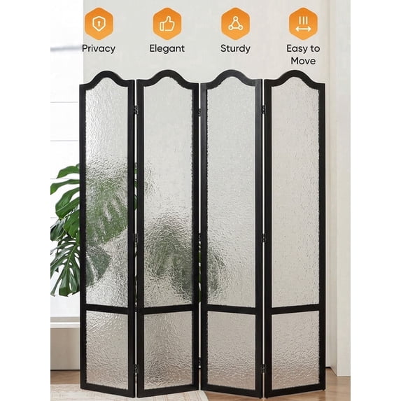 Jostyle 4 Panel Acrylic Room Divider Privacy Screen Translucent Folding Partition with Paulownia Wood Frame Black, Shatterproof & Space-Saving for Living Room, Bedroom, Office