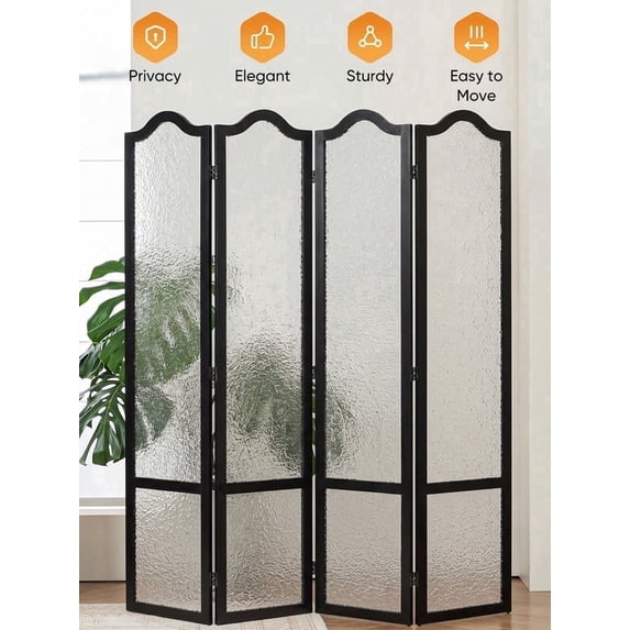 Jostyle 4 Panel Acrylic Room Divider Privacy Screen Translucent Folding Partition with Paulownia Wood Frame Black, Shatterproof & Space-Saving for Living Room, Bedroom, Office