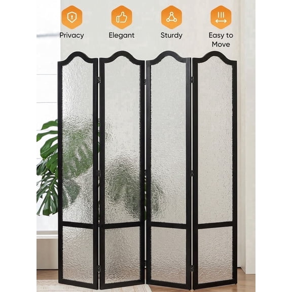 Jostyle 4 Panel Acrylic Room Divider Privacy Screen Translucent Folding Partition with Paulownia Wood Frame Black, Shatterproof & Space-Saving for Living Room, Bedroom, Office