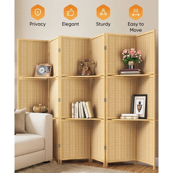 Jostyle 6 Panel Room Divider Privacy Screen with Storage Shelves - Foldable Partition with Sturdy Pine Wood Frame & Breathable Bamboo-Hemp Fabric for Living Room, Bedroom, Office Natural Wood Tone