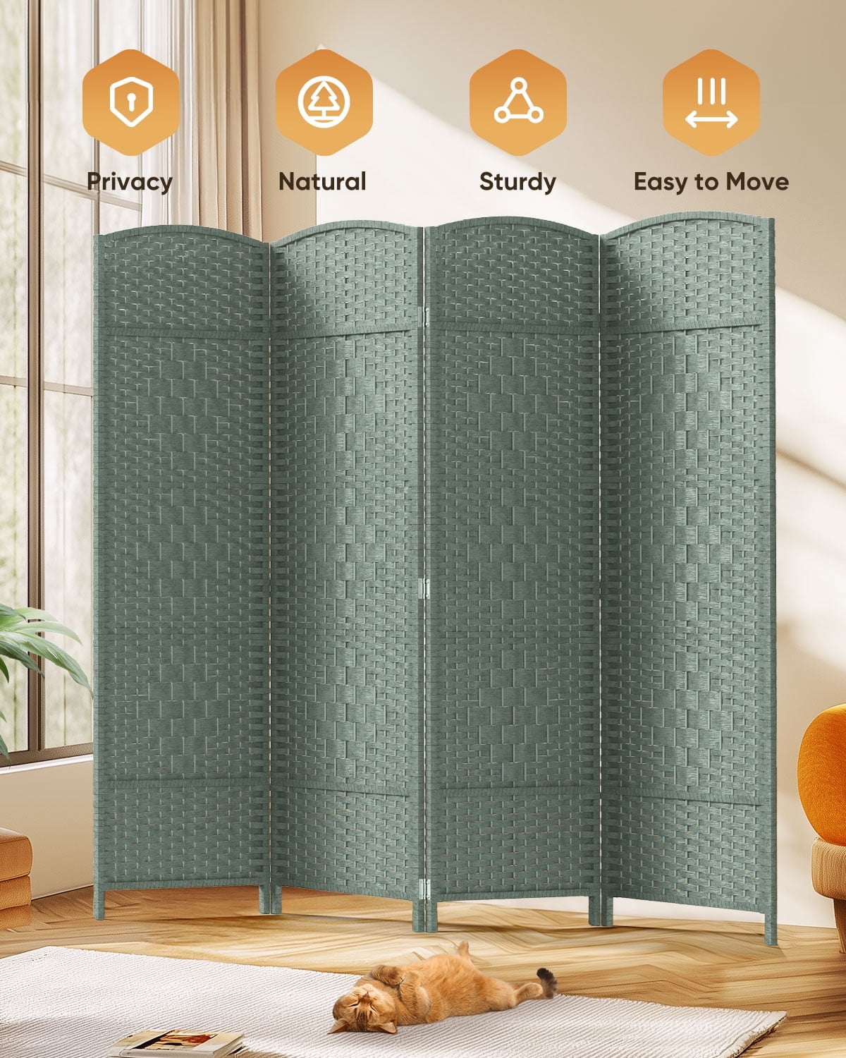 Jostyle 6ft Room Divider with Hand-Woven Design, 4-Panel Folding Privacy Screen Freestanding Gray-Green
